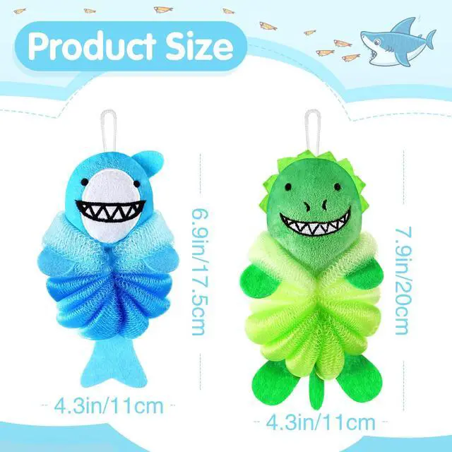 Alt view image 2 of 7 - 2 Pcs Kids Bath Loofahs, Shark, Monster | Toddler Cute Cartoon Bath Sponges, Loofah Pouf Body Scrubber, Mesh Sponges for Children Shower Washing Exfoliating