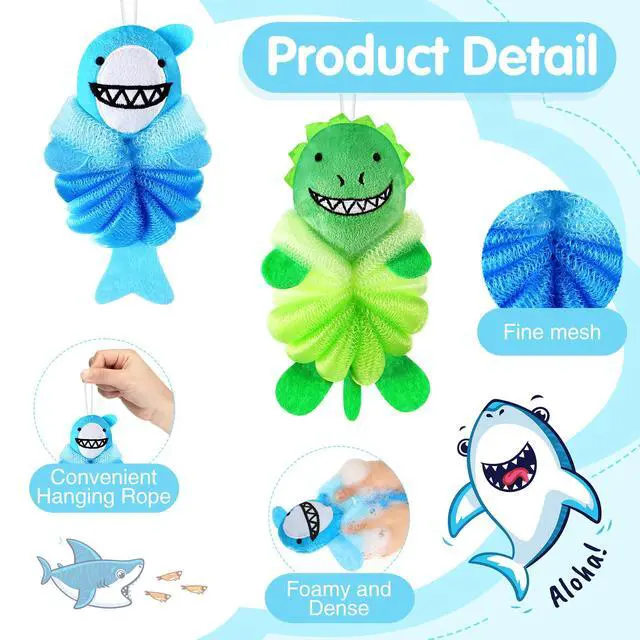 Alt view image 3 of 7 - 2 Pcs Kids Bath Loofahs, Shark, Monster | Toddler Cute Cartoon Bath Sponges, Loofah Pouf Body Scrubber, Mesh Sponges for Children Shower Washing Exfoliating
