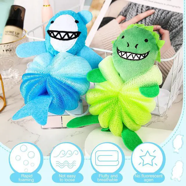 Alt view image 4 of 7 - 2 Pcs Kids Bath Loofahs, Shark, Monster | Toddler Cute Cartoon Bath Sponges, Loofah Pouf Body Scrubber, Mesh Sponges for Children Shower Washing Exfoliating