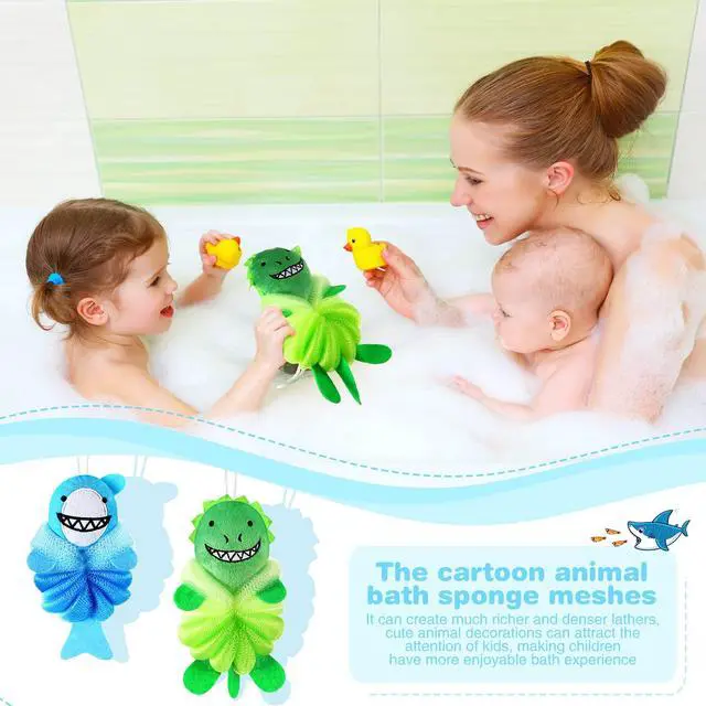 Alt view image 5 of 7 - 2 Pcs Kids Bath Loofahs, Shark, Monster | Toddler Cute Cartoon Bath Sponges, Loofah Pouf Body Scrubber, Mesh Sponges for Children Shower Washing Exfoliating