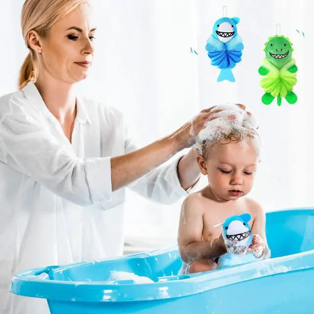 Alt view image 6 of 7 - 2 Pcs Kids Bath Loofahs, Shark, Monster | Toddler Cute Cartoon Bath Sponges, Loofah Pouf Body Scrubber, Mesh Sponges for Children Shower Washing Exfoliating