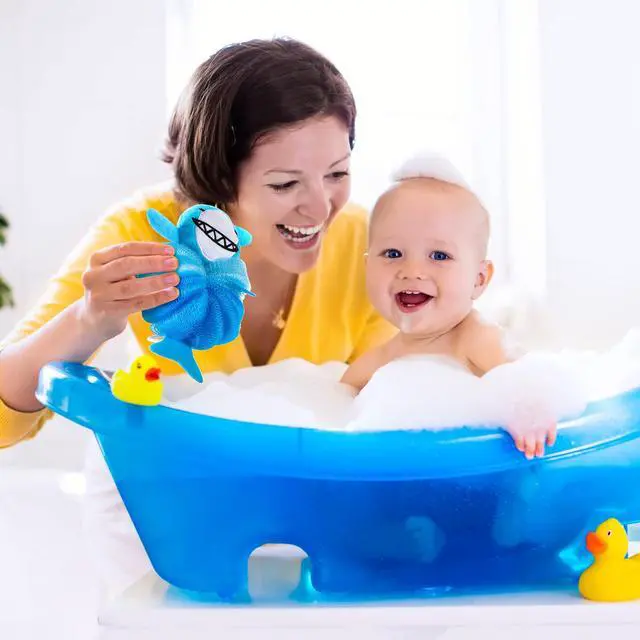 Alt view image 7 of 7 - 2 Pcs Kids Bath Loofahs, Shark, Monster | Toddler Cute Cartoon Bath Sponges, Loofah Pouf Body Scrubber, Mesh Sponges for Children Shower Washing Exfoliating
