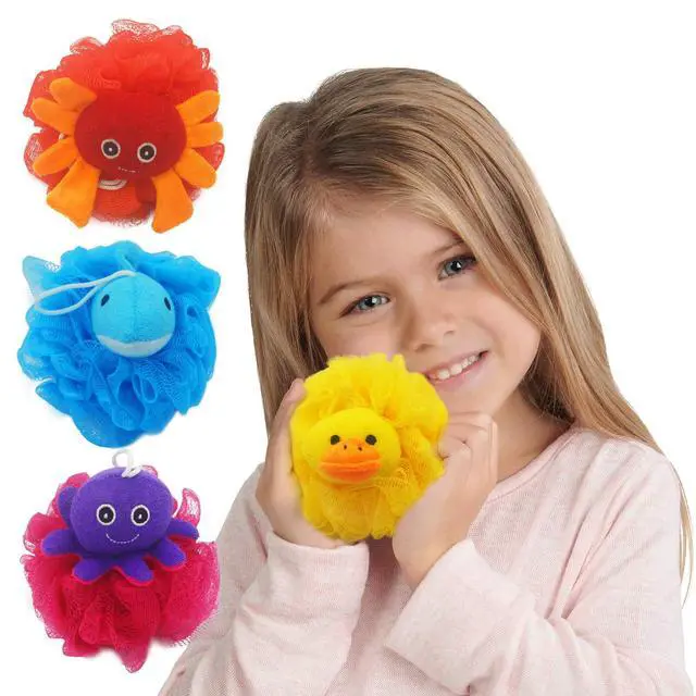 Alt view image 2 of 6 - (4 Pack) Lovely Animal Design Kids Exfoliating Bath Scrubber Body Scrubber Shower Ball for Baby Toddler Kids Gentle Exfoliating Bath Sponge Loofah Pouf in Colorful Design