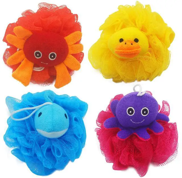 Main image of (4 Pack) Lovely Animal Design Kids Exfoliating Bath Scrubber Body Scrubber Shower Ball for Baby Toddler Kids Gentle Exfoliating Bath Sponge Loofah Pouf in Colorful Design