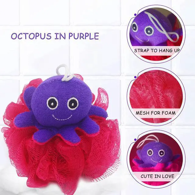 Alt view image 6 of 6 - (4 Pack) Lovely Animal Design Kids Exfoliating Bath Scrubber Body Scrubber Shower Ball for Baby Toddler Kids Gentle Exfoliating Bath Sponge Loofah Pouf in Colorful Design