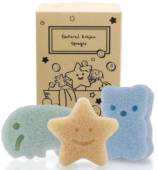 Main image of Konjac Sponge, Bath loofah, 3pc, Elephant, Bear & Star | Natural Safe Plant-Based, Cute Shapes Bath Sponge for bathing, Shower Sponge for bath, Body Loofah, Shower Loofah, Face Luffa