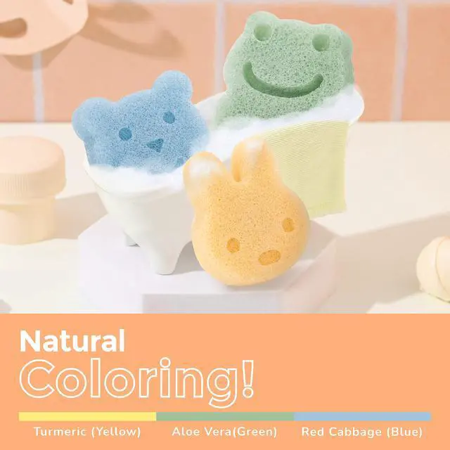 Alt view image 5 of 6 - Konjac Sponge, Bath loofah, 3pc, Rabbit, Frog, Bear face | Natural Safe Plant-Based, Cute Shapes Bath Sponge for bathing, Shower Sponge for bath, Body Loofah, Shower Loofah, Face Luffa