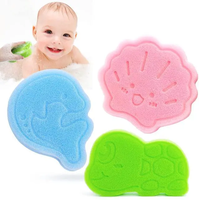 Main image of Baby Bath Sponge, Natural Cute Shapes Soft Shower Sponges for Bathing, Bathtub Foam for Infants and Toddler, 3pcs : Blue Dolphin, Pink Shell, Green Turtle