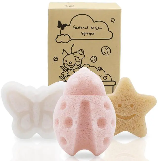 Main image of Konjac Sponge, Bath loofah, 3pc, Butterfly, Ladybug, Star | Natural Safe Plant-Based, Cute Shapes Bath Sponge for bathing, Shower Sponge for bath, Body Loofah, Shower Loofah, Face Luffa