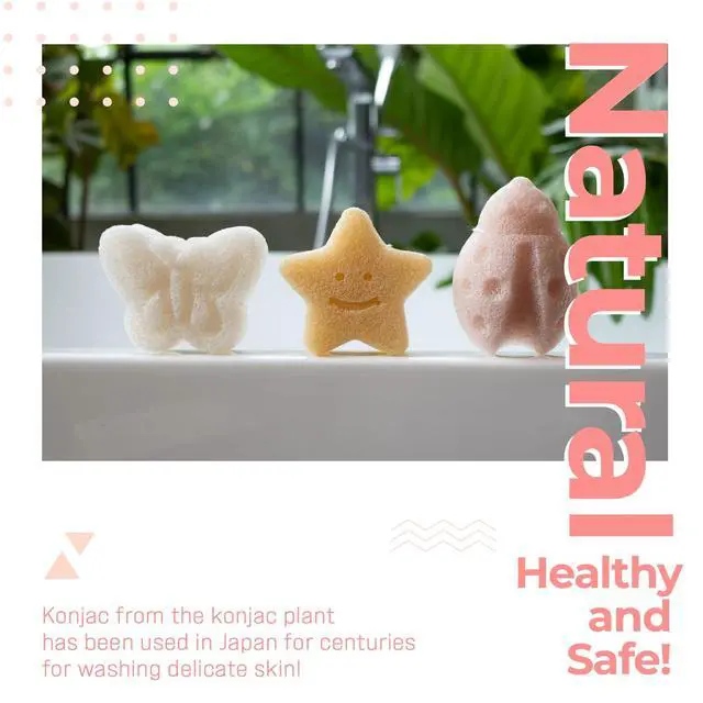 Alt view image 3 of 6 - Konjac Sponge, Bath loofah, 3pc, Butterfly, Ladybug, Star | Natural Safe Plant-Based, Cute Shapes Bath Sponge for bathing, Shower Sponge for bath, Body Loofah, Shower Loofah, Face Luffa