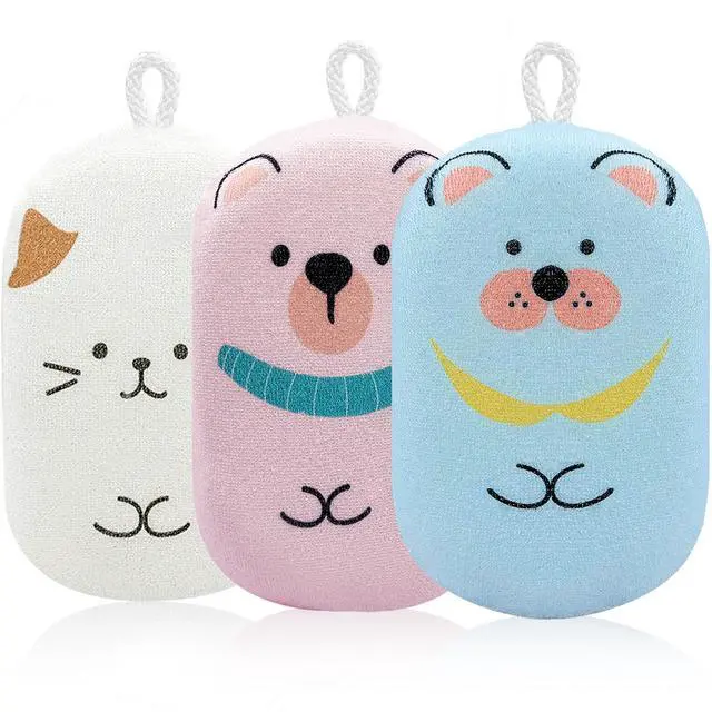 Main image of Baby and Kids Bath Loofah Sponge, Soft and Absorbent Toddler Exfoliating Body Scrubber Shower Loofa Sponge,Cute Pattern Design for Kids Baby Women Boys and Girl, 3 Pack (Bear/Dog/Cat)