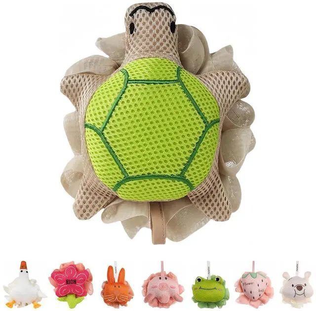 Main image of Kids Loofah, Cute Cartoon Animal Kids Bath Sponge with Hanging Rope | Soft Double Mesh Shower Pouf for Rich Lather for Kids (Little Turtle)