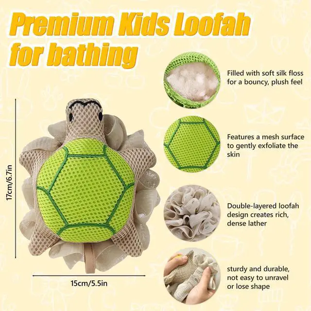 Alt view image 3 of 7 - Kids Loofah, Cute Cartoon Animal Kids Bath Sponge with Hanging Rope | Soft Double Mesh Shower Pouf for Rich Lather for Kids (Little Turtle)