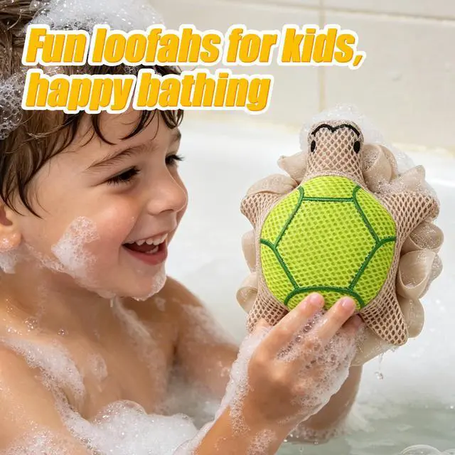Alt view image 5 of 7 - Kids Loofah, Cute Cartoon Animal Kids Bath Sponge with Hanging Rope | Soft Double Mesh Shower Pouf for Rich Lather for Kids (Little Turtle)