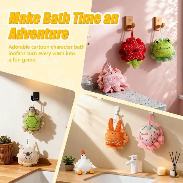 Alt view image 6 of 7 - Kids Loofah, Cute Cartoon Animal Kids Bath Sponge with Hanging Rope | Soft Double Mesh Shower Pouf for Rich Lather for Kids (Little Turtle)