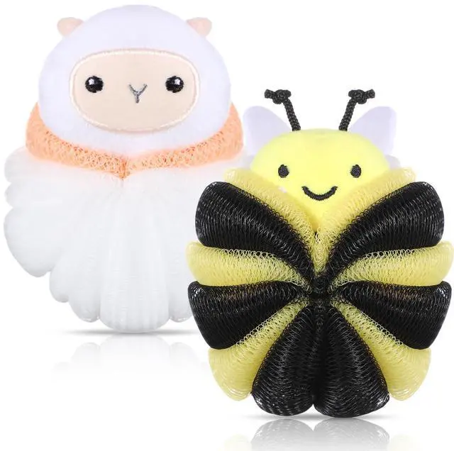 Main image of 2 Pcs Kids Bath Loofahs, Sheep, Bee | Toddler Cute Cartoon Bath Sponges, Loofah Pouf Body Scrubber, Mesh Sponges for Children Shower Washing Exfoliating
