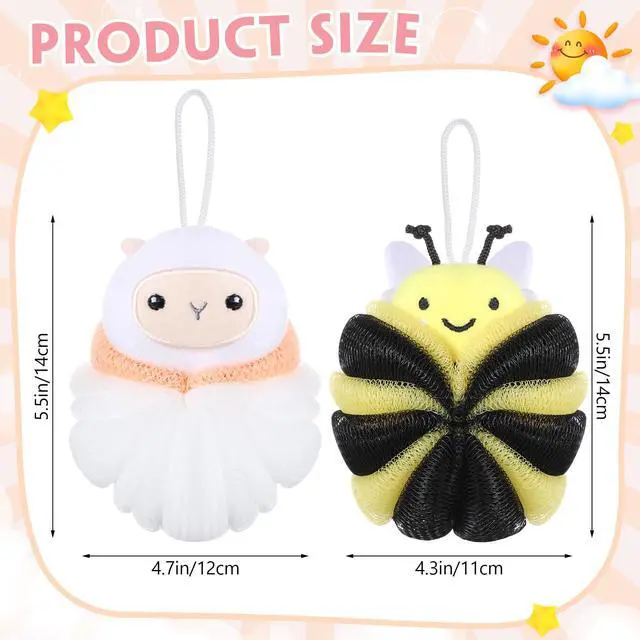 Alt view image 2 of 7 - 2 Pcs Kids Bath Loofahs, Sheep, Bee | Toddler Cute Cartoon Bath Sponges, Loofah Pouf Body Scrubber, Mesh Sponges for Children Shower Washing Exfoliating
