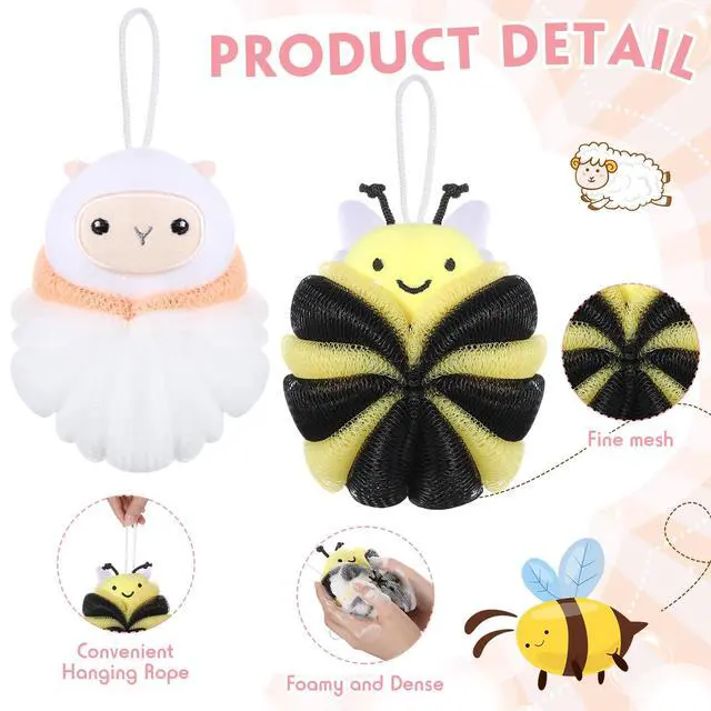Alt view image 3 of 7 - 2 Pcs Kids Bath Loofahs, Sheep, Bee | Toddler Cute Cartoon Bath Sponges, Loofah Pouf Body Scrubber, Mesh Sponges for Children Shower Washing Exfoliating