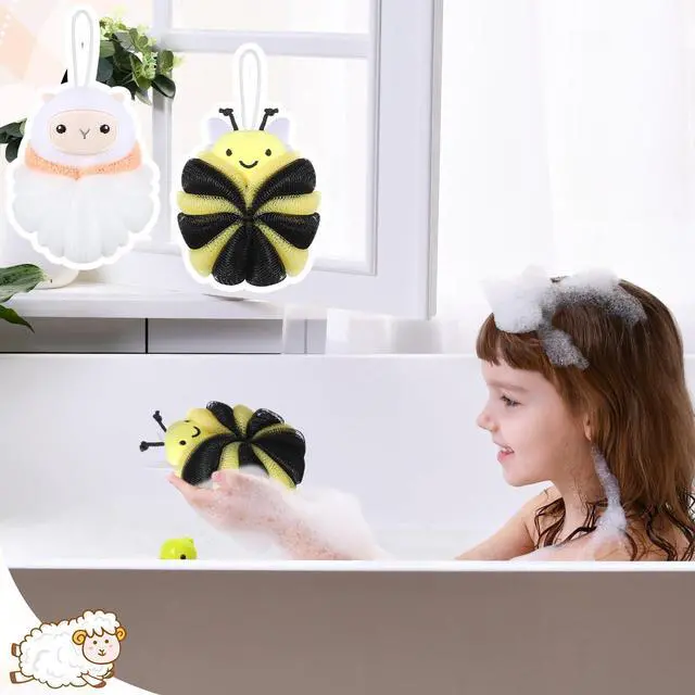 Alt view image 4 of 7 - 2 Pcs Kids Bath Loofahs, Sheep, Bee | Toddler Cute Cartoon Bath Sponges, Loofah Pouf Body Scrubber, Mesh Sponges for Children Shower Washing Exfoliating