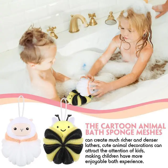 Alt view image 5 of 7 - 2 Pcs Kids Bath Loofahs, Sheep, Bee | Toddler Cute Cartoon Bath Sponges, Loofah Pouf Body Scrubber, Mesh Sponges for Children Shower Washing Exfoliating