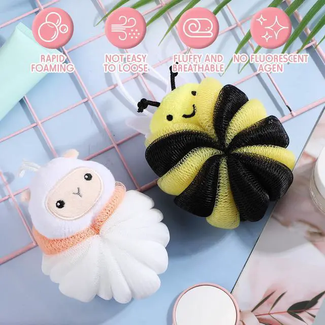 Alt view image 6 of 7 - 2 Pcs Kids Bath Loofahs, Sheep, Bee | Toddler Cute Cartoon Bath Sponges, Loofah Pouf Body Scrubber, Mesh Sponges for Children Shower Washing Exfoliating