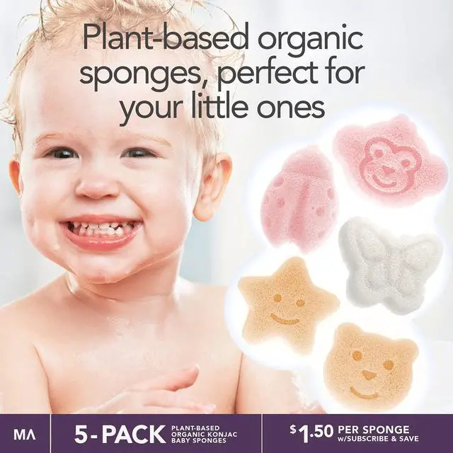 Alt view image 2 of 6 - Konjac Baby Sponge for Bathing | Natural Cute Shapes | Kids Bath sponges for Infants | Toddler Bath time | Safe Organic Plant-Based | 5pcs Set : Bear, Monkey, Butterfly, Ladybug, Star