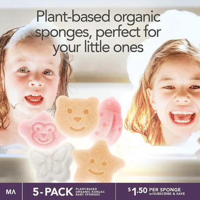 Alt view image 3 of 6 - Konjac Baby Sponge for Bathing | Natural Cute Shapes | Kids Bath sponges for Infants | Toddler Bath time | Safe Organic Plant-Based | 5pcs Set : Bear, Monkey, Butterfly, Ladybug, Star
