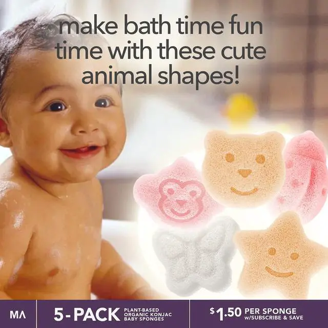 Alt view image 5 of 6 - Konjac Baby Sponge for Bathing | Natural Cute Shapes | Kids Bath sponges for Infants | Toddler Bath time | Safe Organic Plant-Based | 5pcs Set : Bear, Monkey, Butterfly, Ladybug, Star