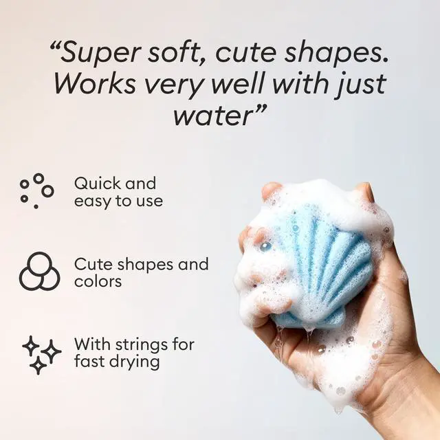 Alt view image 3 of 7 - Organic Konjac Baby Bath Sponges 3-Pack, Plant-Based Ocean Shapes | Safe natural sponges for newborns, infants and toddlers, plant-based baby bathing, certified organic
