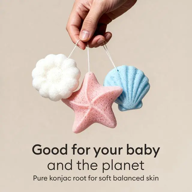 Alt view image 4 of 7 - Organic Konjac Baby Bath Sponges 3-Pack, Plant-Based Ocean Shapes | Safe natural sponges for newborns, infants and toddlers, plant-based baby bathing, certified organic