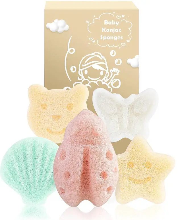 Main image of Konjac Baby Sponges, 5Pcs Natural Cute Shapes for Infants | Plant-based, extra soft sponges for toddler and kids bath time, gentle for daily use.