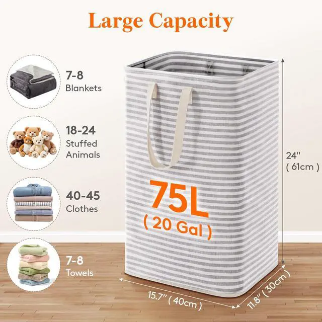 Alt view image 2 of 7 - 75L Large Laundry Baskets, 2 Pack, Reinforced Handles, Grey | Collapsible Laundry Hamper, Dirty Clothes Hamper, Waterproof Freestanding Design for Dorm, Laundry Room, Bedroom, Bathroom