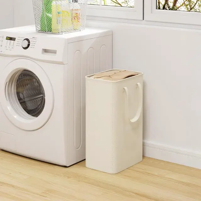 Alt view image 7 of 7 - Slim Collapsible Laundry Basket with Handles, 50L, Ivory | Narrow Laundry Hamper for Dirty Clothes, Tall Thin Laundry Bin, Small Clothes Hamper for Bathroom, Bedroom, RV, Dorm