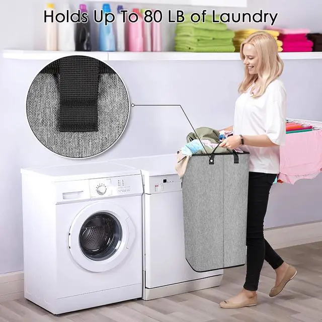 Alt view image 3 of 7 - Large Laundry Basket, 80 L Collapsible Tall Hamper with Handle Grey | Dirty Clothes Hamper for Bedroom, Rectangular Sturdy Laundry Basket for College, Dorm, Towels