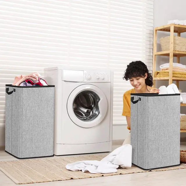 Alt view image 7 of 7 - Large Laundry Basket, 80 L Collapsible Tall Hamper with Handle Grey | Dirty Clothes Hamper for Bedroom, Rectangular Sturdy Laundry Basket for College, Dorm, Towels