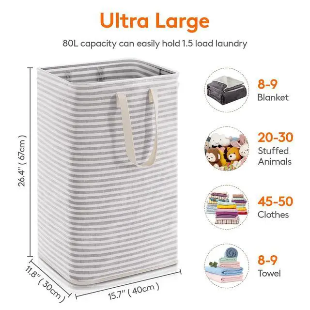 Alt view image 3 of 7 - 80L Large Laundry Baskets, 1 Pack, Reinforced Handles, Grey | Collapsible Laundry Hamper, Dirty Clothes Hamper, Waterproof Freestanding Design for Dorm, Laundry Room, Bedroom, Bathroom