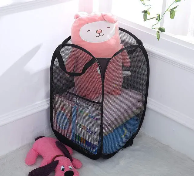 Alt view image 3 of 5 - 2 Packs Mesh Pop up Laundry Hamper (Black) with Portable Handles, Collapsible for Storage, Foldable Pop-Up Laundry Bags for Home, College Dorm or Travel