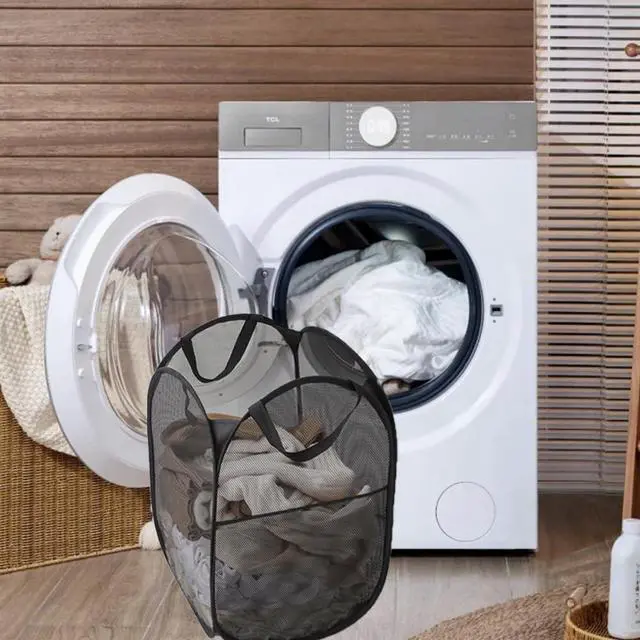 Alt view image 4 of 5 - 2 Packs Mesh Pop up Laundry Hamper (Black) with Portable Handles, Collapsible for Storage, Foldable Pop-Up Laundry Bags for Home, College Dorm or Travel