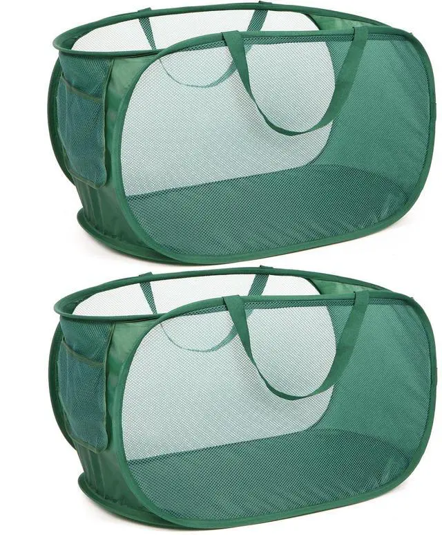 Main image of Sturdy Mesh Pop Up Laundry Hamper, Collapsible Laundry Baskets with Side Pocket, Foldable Clothes Hamper with Reinforced Carry Handles for Laundry, Bathroom, Kids Room, Dorm or Travel 2 Pack Emerald