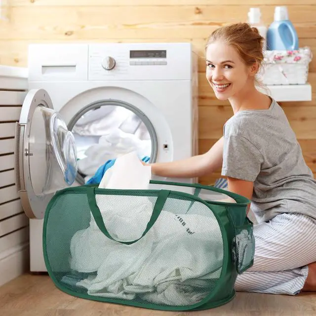Alt view image 2 of 6 - Sturdy Mesh Pop Up Laundry Hamper, Collapsible Laundry Baskets with Side Pocket, Foldable Clothes Hamper with Reinforced Carry Handles for Laundry, Bathroom, Kids Room, Dorm or Travel 2 Pack Emerald
