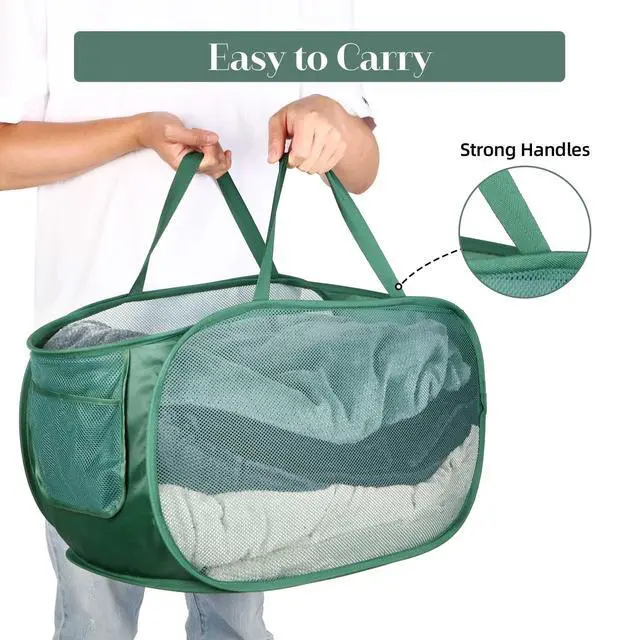 Alt view image 5 of 6 - Sturdy Mesh Pop Up Laundry Hamper, Collapsible Laundry Baskets with Side Pocket, Foldable Clothes Hamper with Reinforced Carry Handles for Laundry, Bathroom, Kids Room, Dorm or Travel 2 Pack Emerald