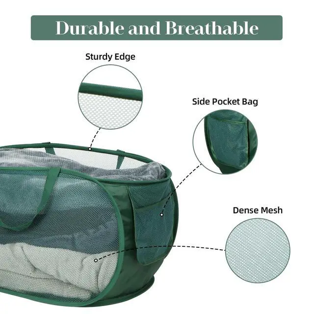 Alt view image 4 of 6 - Sturdy Mesh Pop Up Laundry Hamper, Collapsible Laundry Baskets with Side Pocket, Foldable Clothes Hamper with Reinforced Carry Handles for Laundry, Bathroom, Kids Room, Dorm or Travel 2 Pack Emerald