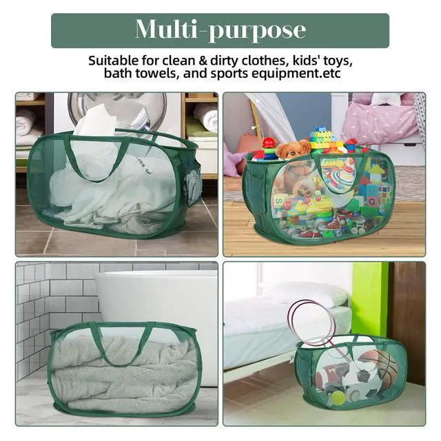 Alt view image 6 of 6 - Sturdy Mesh Pop Up Laundry Hamper, Collapsible Laundry Baskets with Side Pocket, Foldable Clothes Hamper with Reinforced Carry Handles for Laundry, Bathroom, Kids Room, Dorm or Travel 2 Pack Emerald