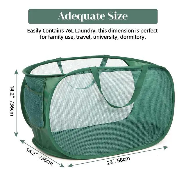Alt view image 3 of 6 - Sturdy Mesh Pop Up Laundry Hamper, Collapsible Laundry Baskets with Side Pocket, Foldable Clothes Hamper with Reinforced Carry Handles for Laundry, Bathroom, Kids Room, Dorm or Travel 2 Pack Emerald