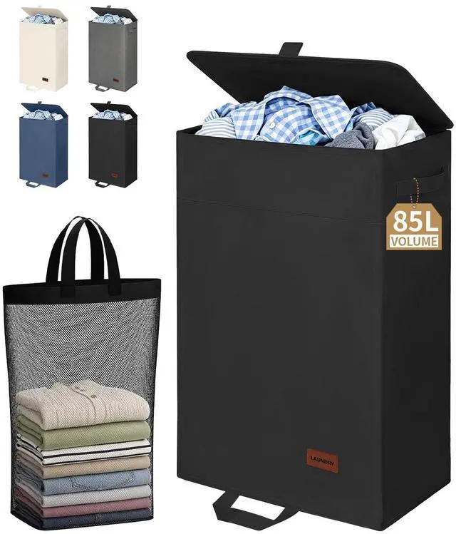 Main image of 85L Laundry Hamper with Lid, Large Clothes Hamper, Black | Foot Loop & Removable Bag Easy to Lift and Carry, Tall & Collapsible Laundry Basket for Bathroom, Bedroom, Laundry Room, Dorm
