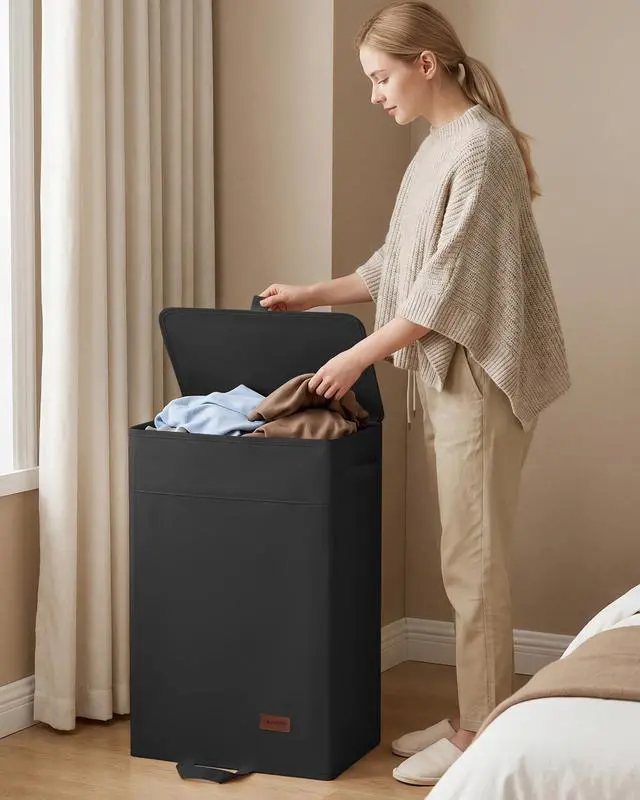 Alt view image 2 of 7 - 85L Laundry Hamper with Lid, Large Clothes Hamper, Black | Foot Loop & Removable Bag Easy to Lift and Carry, Tall & Collapsible Laundry Basket for Bathroom, Bedroom, Laundry Room, Dorm