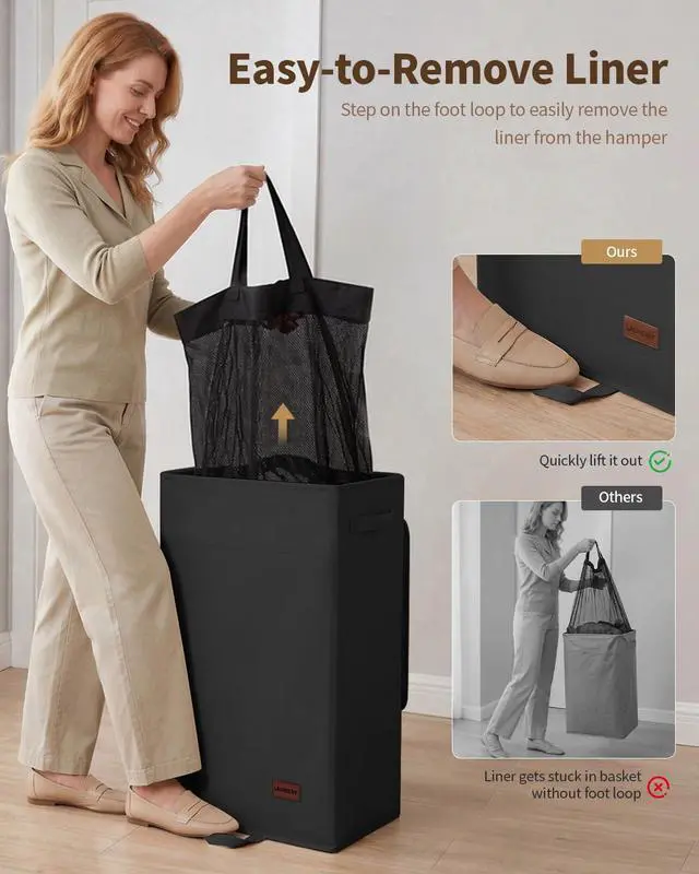 Alt view image 3 of 7 - 85L Laundry Hamper with Lid, Large Clothes Hamper, Black | Foot Loop & Removable Bag Easy to Lift and Carry, Tall & Collapsible Laundry Basket for Bathroom, Bedroom, Laundry Room, Dorm