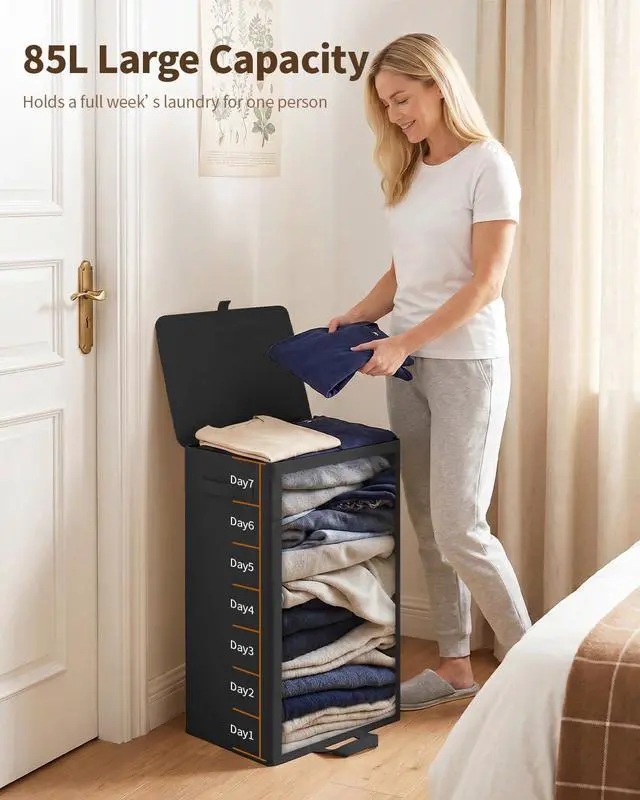Alt view image 4 of 7 - 85L Laundry Hamper with Lid, Large Clothes Hamper, Black | Foot Loop & Removable Bag Easy to Lift and Carry, Tall & Collapsible Laundry Basket for Bathroom, Bedroom, Laundry Room, Dorm