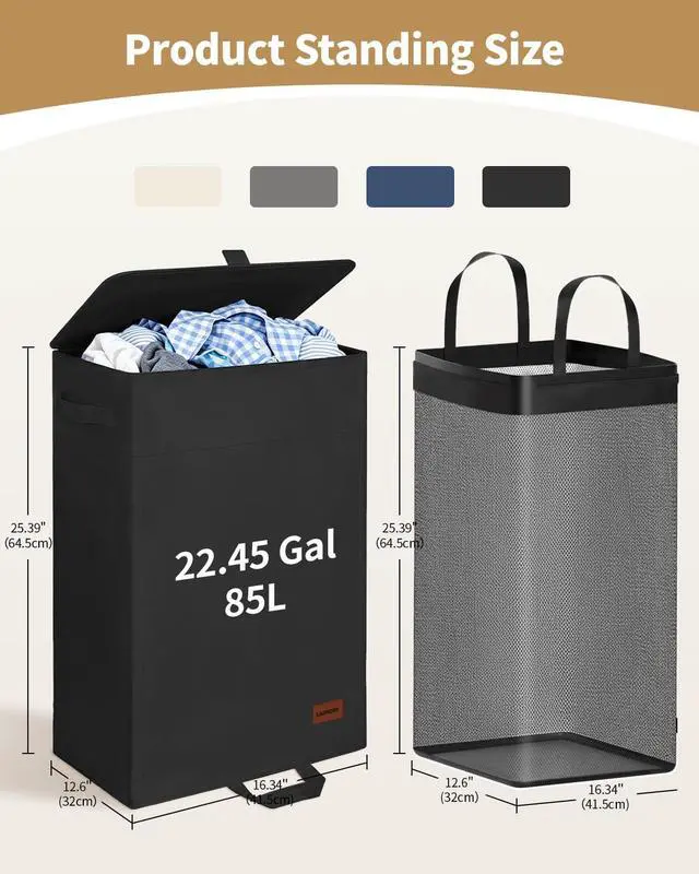 Alt view image 7 of 7 - 85L Laundry Hamper with Lid, Large Clothes Hamper, Black | Foot Loop & Removable Bag Easy to Lift and Carry, Tall & Collapsible Laundry Basket for Bathroom, Bedroom, Laundry Room, Dorm