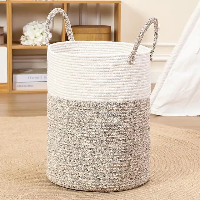 Main image of 60L Large Woven Laundry Basket Hamper, 100% Natural Cotton Rope, Handwoven & Durable, Storage for Blankets, Toys, Clothes, Nursery Hamper for Living Room, Baby Room, Bedroom (Brown and White)